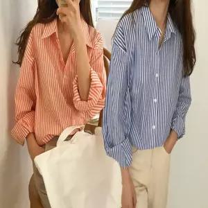 셀럽하우스 여성 컬러 단가라 세로 스트라이프 베이직 셔츠 남방