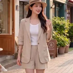 [유어하젤] 메니시 찰랑 반팔 자켓 반바지 세트_M4825