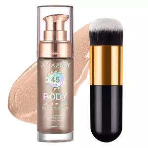 쉬머 바디 SPF 45 와이드 스펙트럼 자외선 차단제 페이스 및 리퀴드 루미나이저 방수 보습 가벼운 글로우