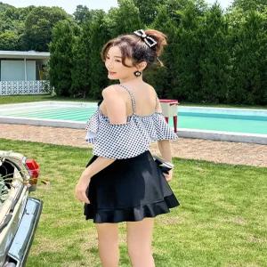 오프숄더 비키니 체크 리본 끈 수영복 임산부 빅사이즈 체형커버 여자 실내 센티 온천 호캉스