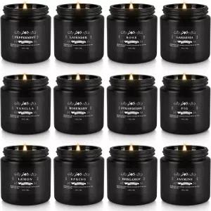 12PC 블랙 향초 테라피 캔들 세트 홈 캠핑 및 정원용 소이 왁스 남녀 실내 야외용 크리스마스 선물 각 3.05