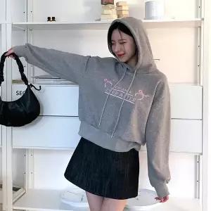 여성 가을 리본 세미 크롭 후드 티셔츠 HTS0362