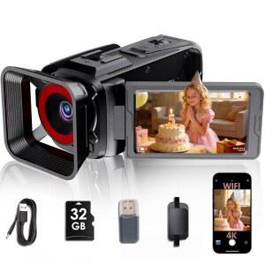 RAZPLYN 4K 비디오 카메라 캠코더, 64MP, YOUTUBE용 WIFI 웹캠, 내장 32GB 스크린, 2500MAH 줌, U201D 플립 18배 3 SD 카드, 충전식 270 및 배터리(블랙)