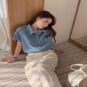 여성 2컬러 루즈핏 모던 데님셔츠 청남방 여름 반팔