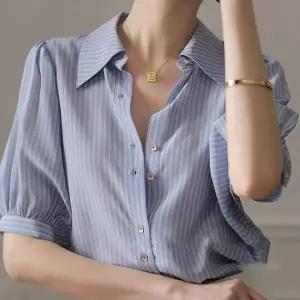 ( )블라우스 소재 스트라이프 시원한 여름 반팔 여름블라우스 여성 셔츠 예쁜 데일리룩