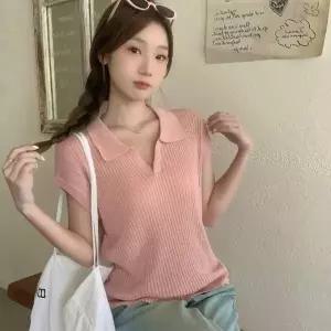 여성 얇은니트 노버튼 브이넥 캡소매 여름 니트 카라니트 여름니트 티셔츠