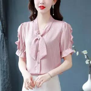 여성 솔리드 타이넥 리본포인트 반팔 셔츠 엘레강스 트랜드 스프 프린트 프릴 퍼프 소매 데일리 오피스 블