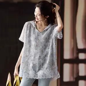 여성 쉬폰 블라우스 여름 빅사이즈 루즈핏 후드 플라워 레이스 반팔 롱상의