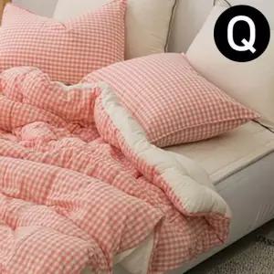 해피니 어반체크 순면 선염 워싱 차렵이불 패드세트 퀸 Q 이불 핑크. 패드 베이지