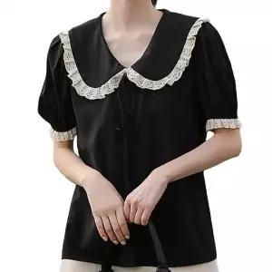 (색상 블랙 FREE)캐주얼블라우스 캐주얼 리본 여성 여름블라우스 빅카라 데일리룩 레이스 셔츠 인기 여름