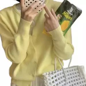 나프커 노란색 여성 니트 라운드넥 가디건 봄 여름 가을 여성가디건 간절기 크롭 니트가디건 얇은 아우터