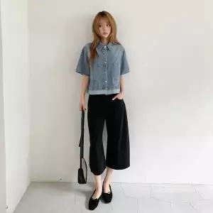 [신세계라이브쇼핑][옷자락] 여자 데일리 캐주얼 스트라이프 배색 크롭핏 데님 셔츠