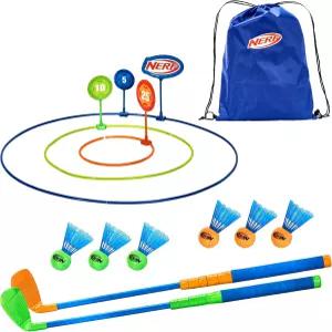 NERF 버디 골프 게임 - 재미있는 뒷마당 치핑 연습하기 클럽 득점 링 볼 및 캐리백이 포함된 완벽한 세트