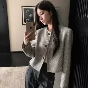 모직 빈티지 여성 봄가을 싱글 톱 라운드 스트라이프 코트 향기 모직코트 젊은 admr3