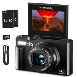 사진 촬영용 4K 디지털 카메라 3인치 180 플립 스크린 18배 줌 포인트 초급용 32GB 마이크로 SD 카드(블랙)로 6400만 화소 유튜브 브이로깅 카메라(6400만 화소)