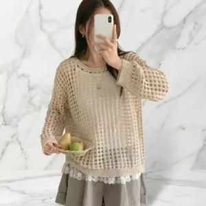 /신상오픈런 여성 라운드 넷 펀칭 린넨 니트 박시 티셔츠