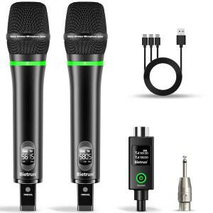 BIETRUN XLR 무선 마이크 믹서용 충전식 듀얼 메탈 핸드헬드 다이내믹 오디오 인터페이스 PA 앰프 시스템 교회 노래 노래방(UHF 240FT 범위 6.35 어댑터 포함)
