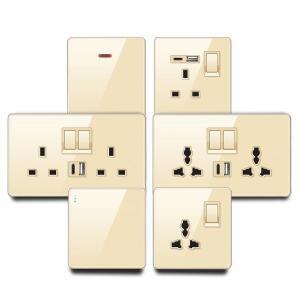 골드 유리 벽 전원 콘센트 접지, 13A 3 홀 USB 스위치, 86 146 소켓, 영국 표준 110V-250V
