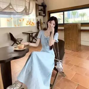 원피스 여자 페이크 투피스 프렌치 데일룩 레이스 시크한 슬림핏 원워시 하늘색 DAOL1