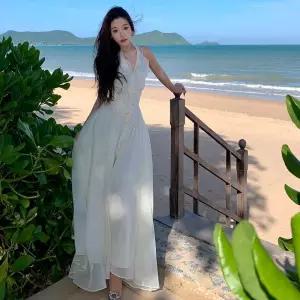 치마 밑단 바캉스 빅 해변 홀터넥 여성원피스 선녀 브이넥 쉬폰 트임 OP1
