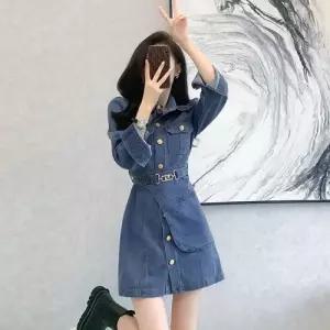 원피스 데님 미디 긴팔 벨트 여성원피스 시크 청스커트 움 OP5