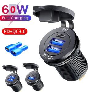 알루미늄 60W USB 충전기 소켓 빠른 12V/24V C 차량용 PD 및 QC3.0 자동차 보트 오토바이 용 듀얼 포트