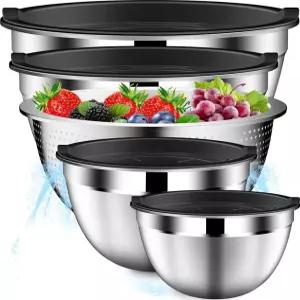 뚜껑이 있는 더툰 믹싱 볼 콜랜더가 스테인리스 스틸 세트가 스트레이너 서빙 주방 선물 사이즈 4.5 2.5 2