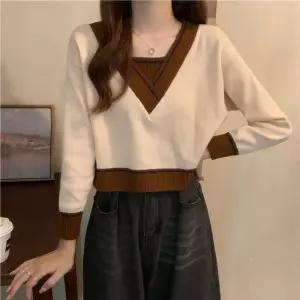 여성용 가을 니트 페이크투피스 브이넥 봄 슬림 캐주얼 탑 CH3