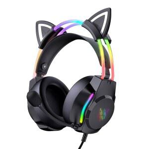 마이크가 장착된 ONITOON 게이밍 헤드셋 PC 노트북 PS4 PS5 XBOX 스위치용 캣 이어 헤드폰 레인보우 RGB 조명 및 가상 서라운드 사운드 3.5MM 유선 인체공학적 v1M