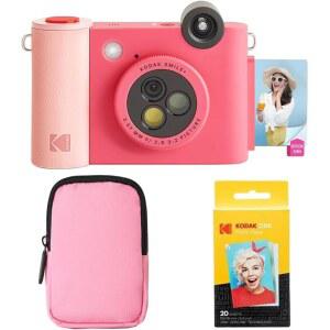 KODAK SMILE+ 2-IN-1 디지털 인스턴트 프린트 백 + - 스타터 20팩 용지 특수 무선 및 효과 렌즈 케이스 프린터 스티커 ZINK 회전 블루투스 번들 소프트 카메라 푸크시아 포토 10MP,