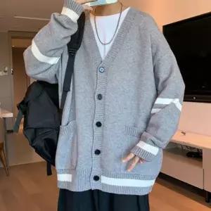 배색 심플 루즈핏 니트 가디건 남녀공용 캐주얼룩 브이넥가디건 집업가디건 (WB1417D)