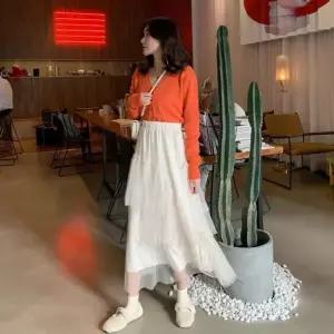 셀럽하우스 여자 옆 리본 끈 롱 기장 망사 3단 레이스 스커트