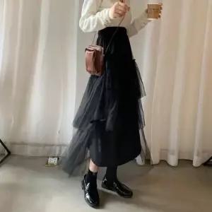셀럽하우스 3단 옆 롱 스커트 끈 여자 기장 망사 레이스 리본
