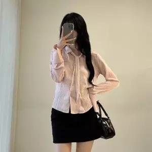 여자 스트라이프 롱타이 핑크 벨소매 카라넥 셔츠