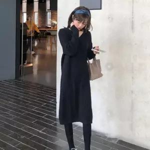 셀럽하우스 캐주얼 데일리 여자 후디 골지 니트 롱 원피스