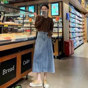 여성 롱 밴딩 데님 캐주얼 스커트 롱스커트 데님스커트 A라인스커트 플레어스커트