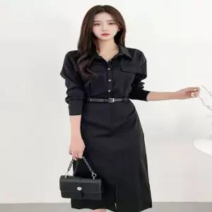 여자 2컬러 클래식 하객룩 셔츠형 롱원피스 벨트포함 원피스 롱원피스 셔츠원피스