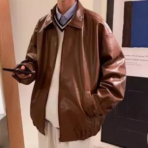 캐주얼 빈티지감성 남성용 브라운 오버핏 레더 아우터 숏재킷