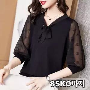 중년여성 오버핏 쉬폰 타이 블라우스 봄 여름 편안한 시스루 긴팔 티셔츠 엄마상의 빅사이즈