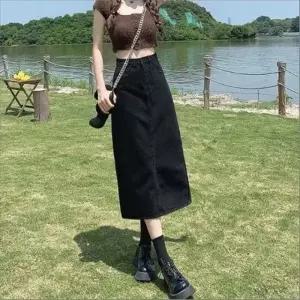 여성 H라인 롱스커트 흑청 블랙 데님 하이웨스트 치마