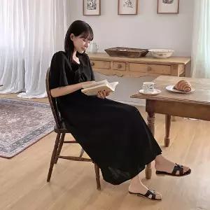 핫핑 [러블리/휴가룩] 시엔트 스트링 스퀘어넥 윙소매 롱원피스