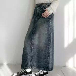 [하프클럽/]여자 FW 논스판 진청 슬릿 에이라인 롱스커트