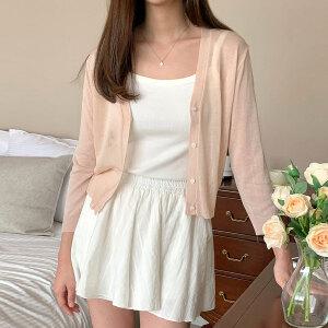 미니 볼레로 여성 여름 가디건 칠부소매 브이넥 크롭 가디건