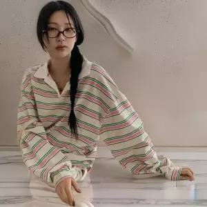 [하프클럽/]여성 줄지 오픈 카라넥 빅사이즈 맨투맨
