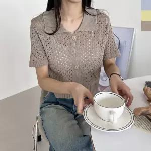 [하프클럽/]여성 망사 스웨터 위빙 반소매 카라넥 가디건