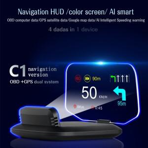 OBD2+GPS HUD C1 내비게이션 차량용 OBD2 헤드업 디스플레이 AI 과속 경고 컴퓨터 지도 위성 수온 연료 소