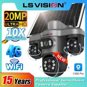 LS VISION V380 Pro 4렌즈 10배 광학 줌 태양광 카메라 실외 20MP 3화면 4G 와이파이 보안 카메라 자동 추