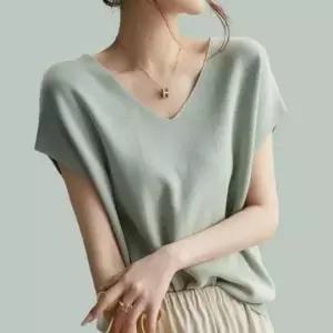 ( )우먼 하절기 V라인 시원한숏슬리브 뜨개탑 티셔츠 오픈칼라셔츠 민트 니트셔츠 베스트 여름반팔 여름용