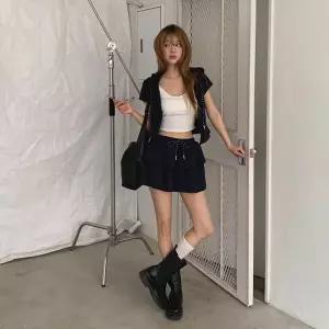 여자 체형커버 여리핏 반팔 후드집업 캉캉 미니스커트 데일리 세트
