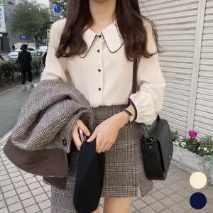 셀럽하우스 예쁜 카라 소매 배색 라인 여친룩 블라우스